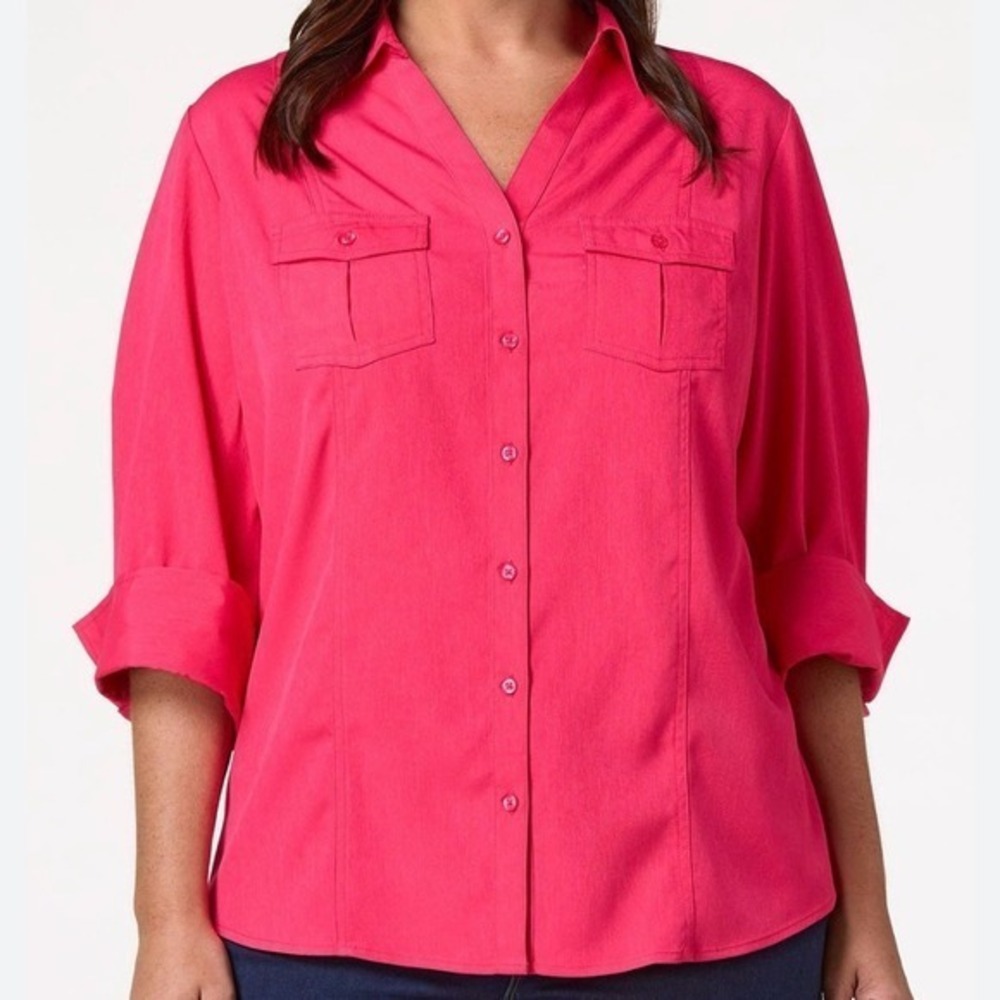 CATO. NWOT. Beautiful Salmon Pink Top, 3/4 Cuffed Sleeves. Button Down. …